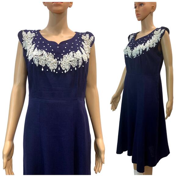 Vintage 1950s Dark Blue Linen Dress w Floral Lace Rhinestone & Bead Trim | M - Picture 10 of 10